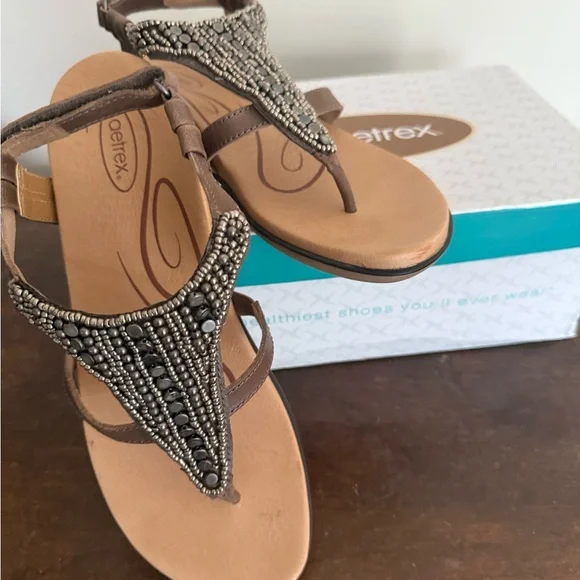 Aetrex Sheila Beaded Leather Sandal Stone Women's Size 39 US 8.5 NEW in box - Picture 5 of 11